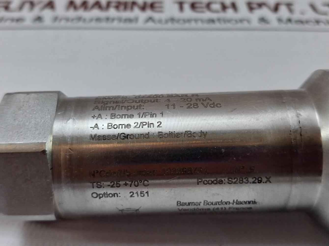 Baumer Y913 Pressure Transmitter 4-20 Ma 11-28 Vdc 0+400 Bar R