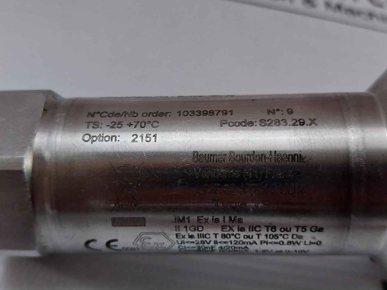 Baumer Y913 Pressure Transmitter 4-20 Ma 11-28 Vdc 0+400 Bar R