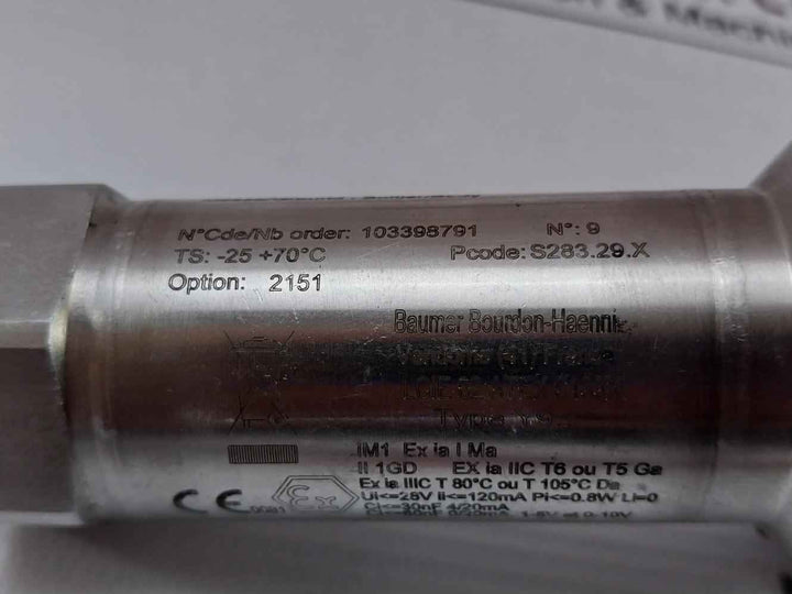 Baumer Y913 Pressure Transmitter 4-20 Ma 11-28 Vdc 0+400 Bar R