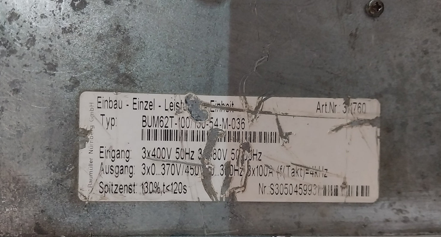 Baumuller Bum62T-100/130-54-m-036 Built In Single Power Unit 400 V (Not Working)