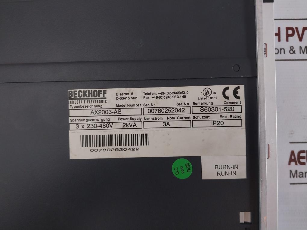 Beckhoff Ax2003-as Digital Servo Amplifier S60301-520 3 X 230-480V 2Kva 3A Ip20