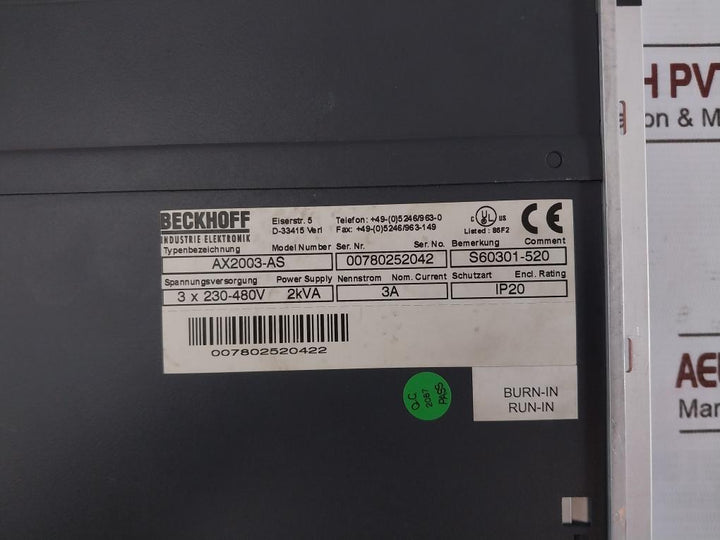 Beckhoff Ax2003-as Digital Servo Amplifier S60301-520 3 X 230-480V 2Kva 3A Ip20