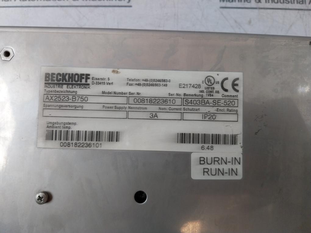 Beckhoff Ax2523-b750 Digital Compact Servo Drive Axis Module Fw 6.48 3A Ip20