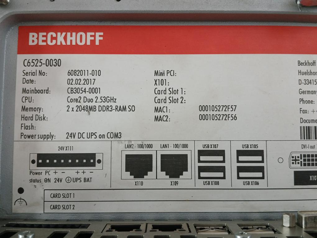 Beckhoff Cb3054-0001 24Vdc Built-in Industrial Pc C6525-0030