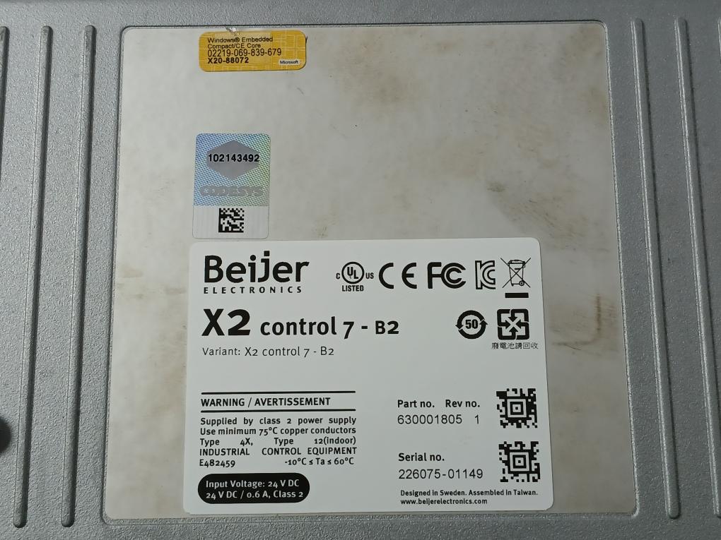 Beijer Electronics X2 Control 7-b2 Hmi Touch Screen Panel 630001805 Rev No: 1