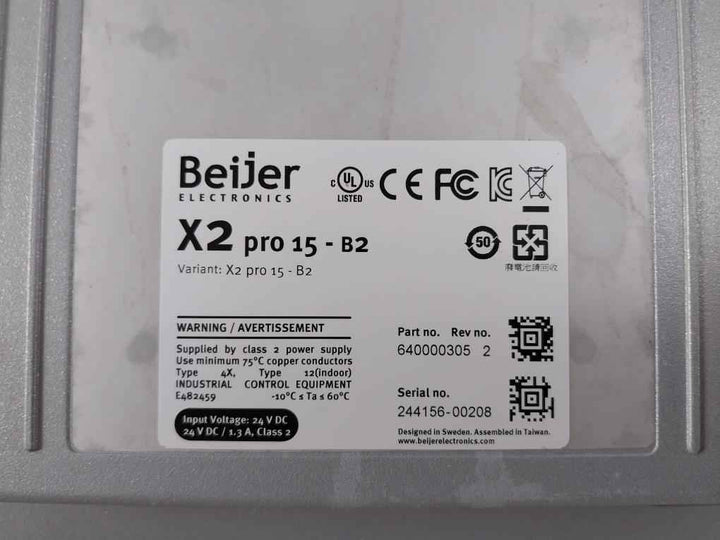 Beijer Electronics X2 Pro 15-b2 High-performance Hmi Panel Rev 2 24V Dc 1.3A