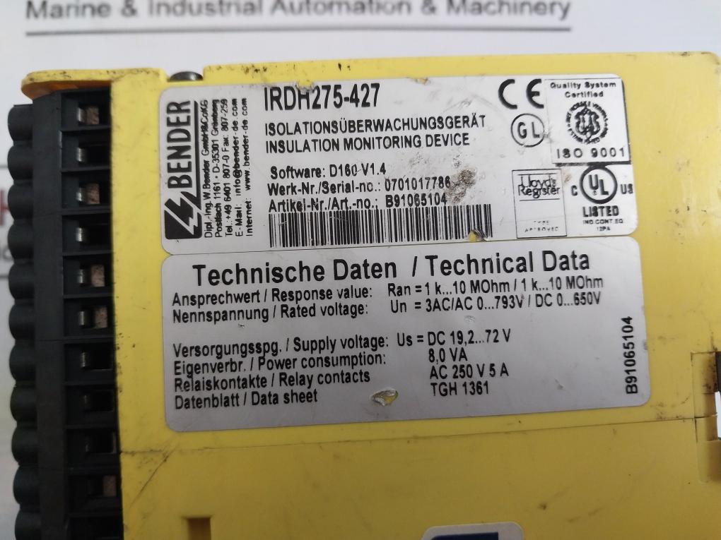 Bender Irdh275-427 Insulation Monitoring Device D160 V1.4 Irdh275 (Not Working)