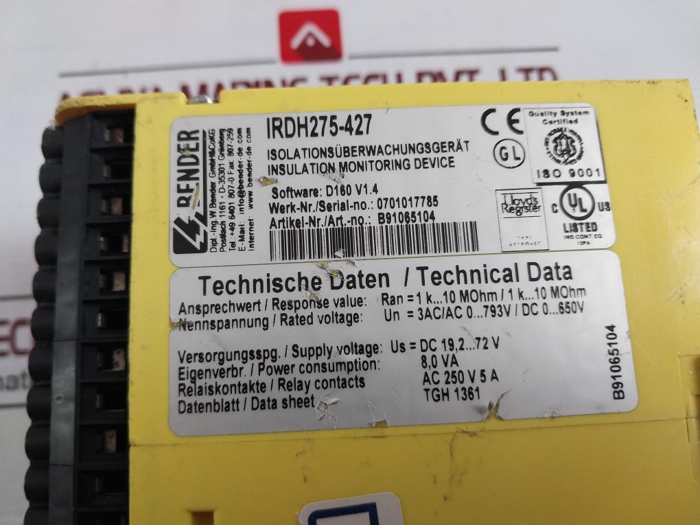 Bender Irdh275-427 Insulation Monitoring Device B91065104 (Not Working)
