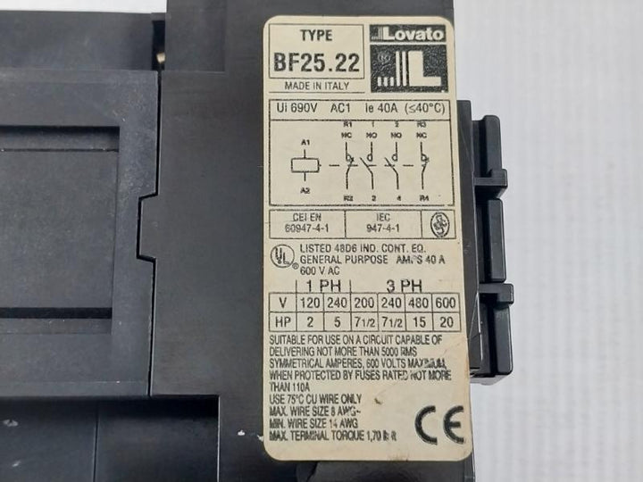 Bf25.22 Lovato Contactor 40A/600Vac