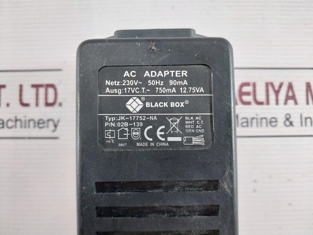 Black Box Jk-17752-na Ac Adapter 02B-139 230V 50Hz 90Ma 17Vc.T.~750Ma 12.75Va