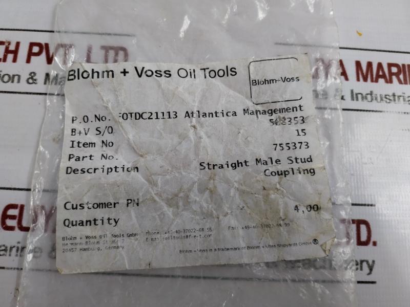 Blohm + Voss Oil Tools Hfpaj Straight Male Stud Coupling, 755373, 3/8