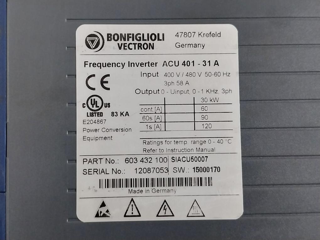 Bonfiglioli Acu 401-31A Frequency Inverter Drive 58A 480V 50-60Hz