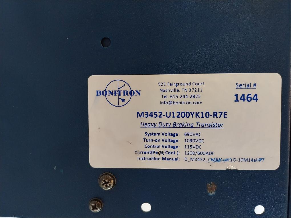 Bonitron M3452-U1200YK10-R7E Heavy Duty Braking Transistor 690VAC
