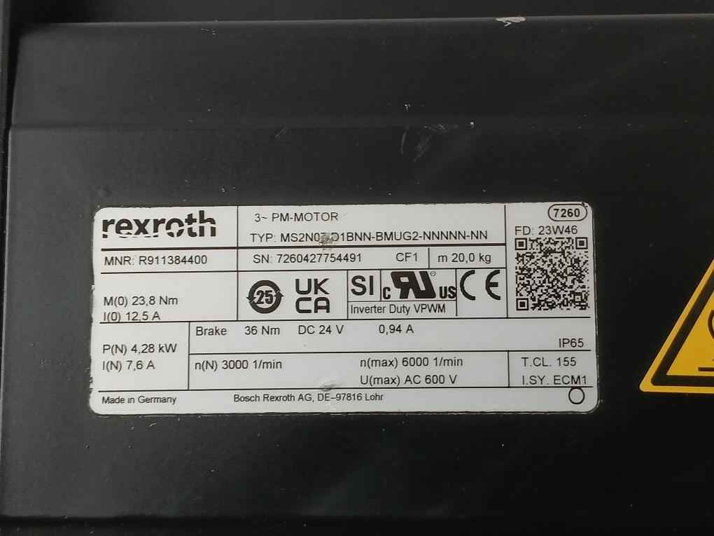 Bosch Rexroth Ms2N07-d1Bnn-bmug2-nnnnn-nn 3-phase Servo Motor R911384400