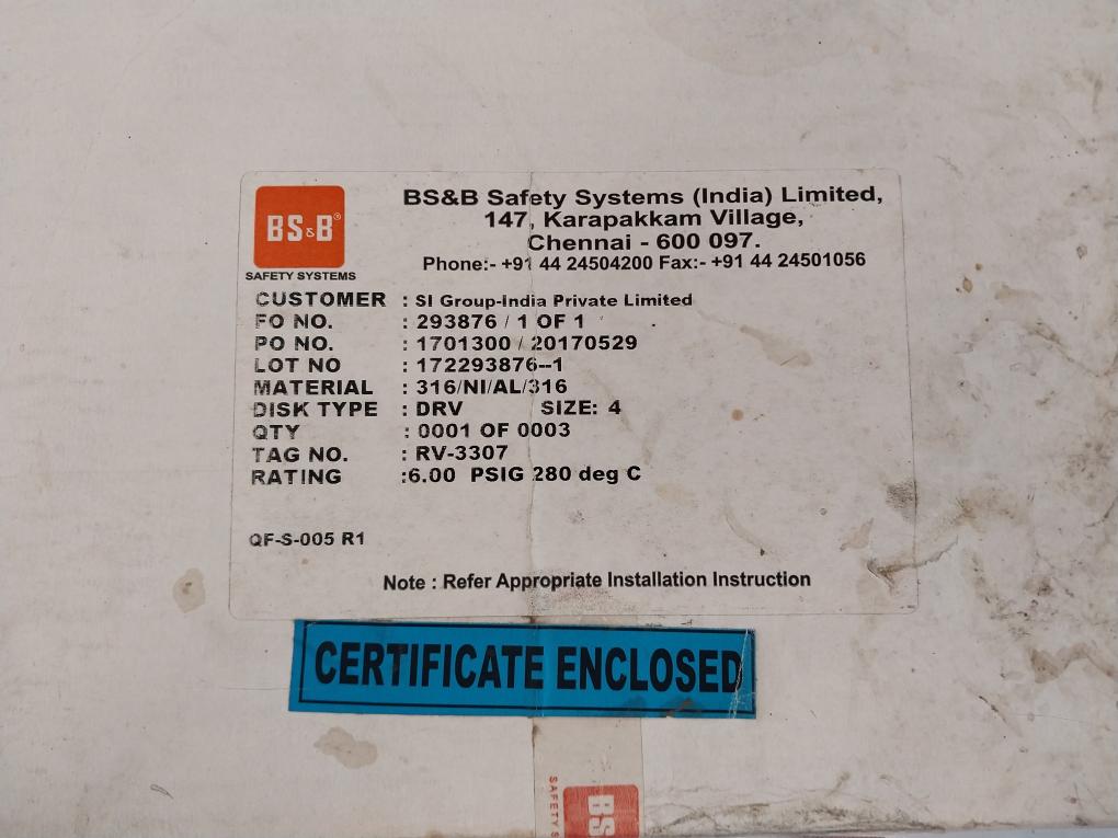Bs & B Drv 4" Forward Acting Rupture Disk 6.00 Psi 280°c 316.ni.al.316