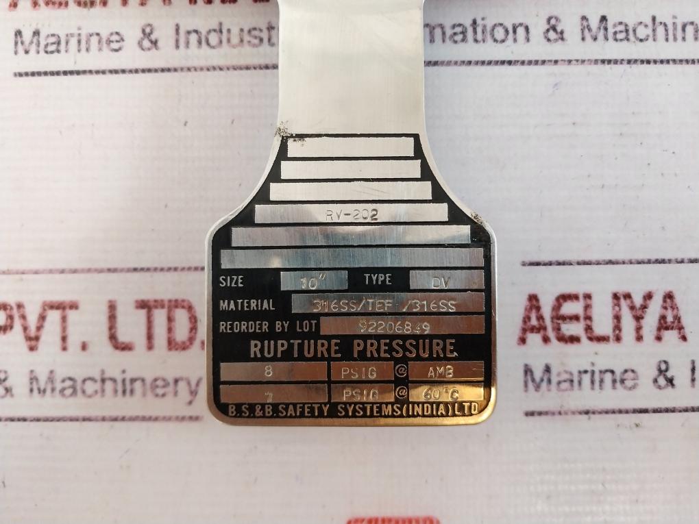 BS & B DV 10" Rupture Disk 8 PSIG @ AMB, 7 PSIG @ 60°C 316SS/TEF/316SS