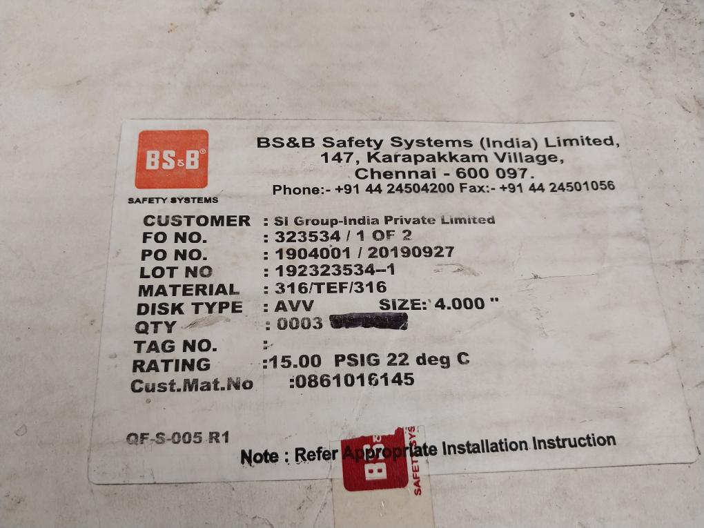 BS & B AVV 4" Rupture Disc 15.00 PSI(G) @ 22°C