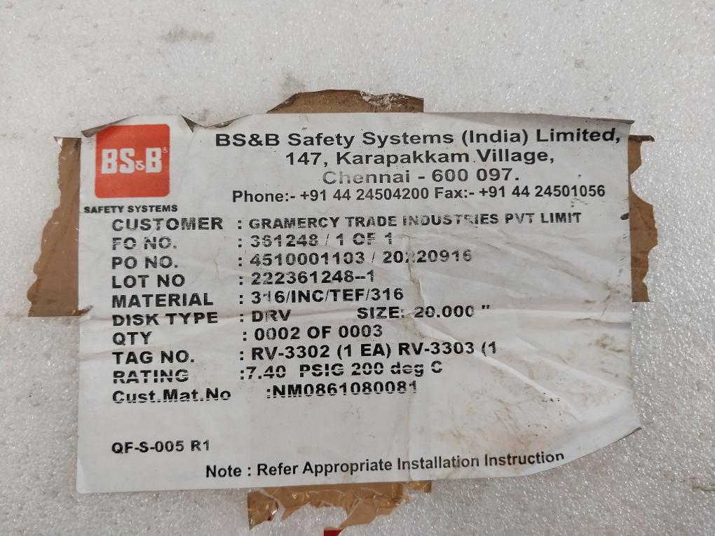 BS & B DRV 20" Rupture Disk 7.40 PSI(G) @ 200°C