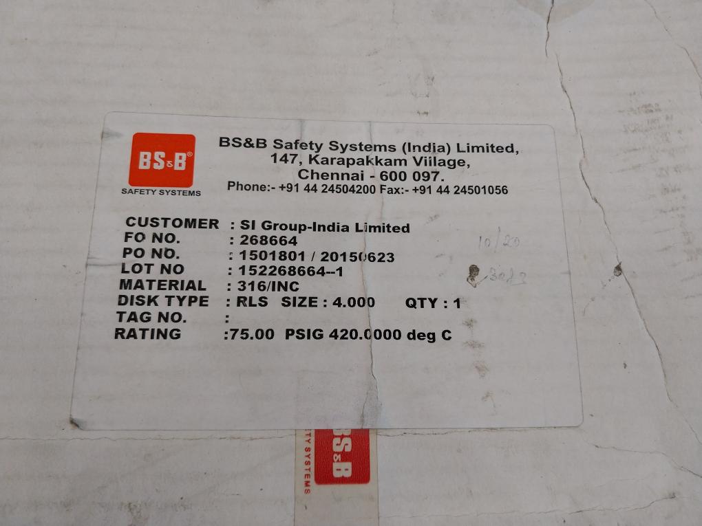 BS&B RLS Reverse Buckling Rupture Disk Size 4 Vacuum Resistant