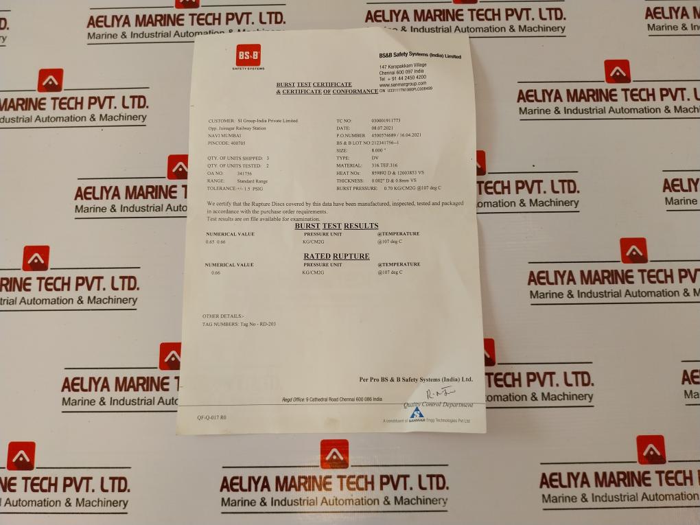 Bs&b Dv Rupture Disk Size 8 Inches Material 316 Stainless Steel