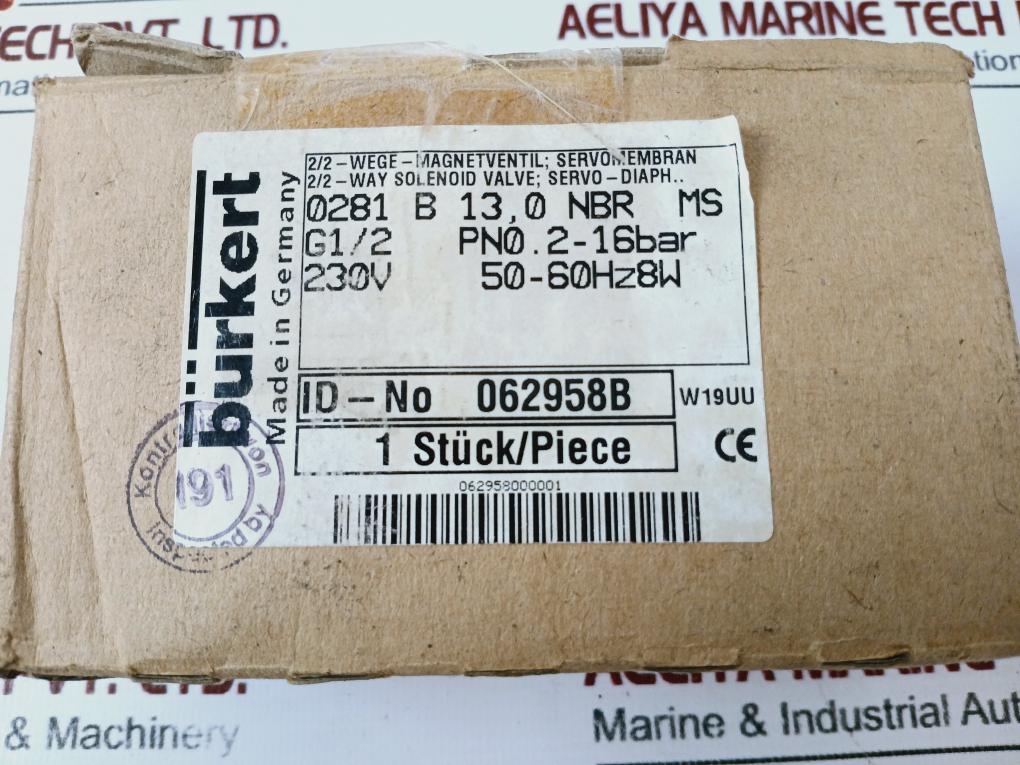 Burkert 0281 B 13,0 Nbr Ms 2/2-way Solenoid Valve 2-16Bar 230V 50-60Hz 8W