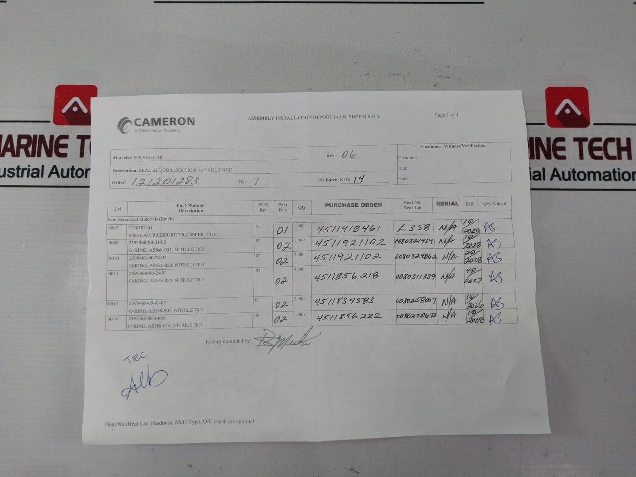 Cameron 2020810-01-99 Solenoid Valve W/ Coil Section Seal Repair Kit 296