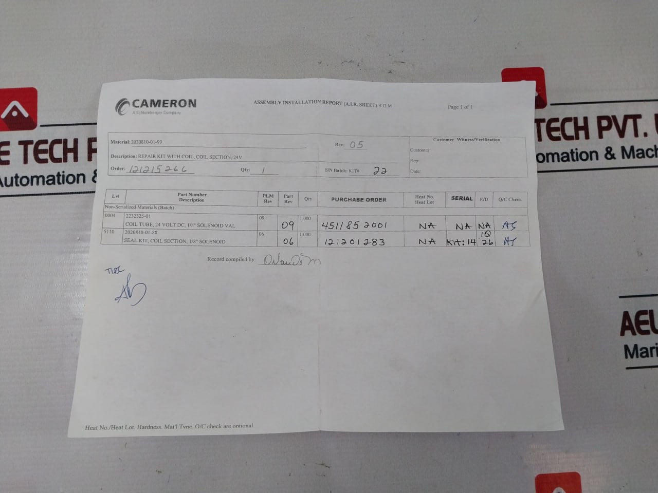 Cameron 2020810-01-99 Solenoid Valve W/ Coil Section Seal Repair Kit 296
