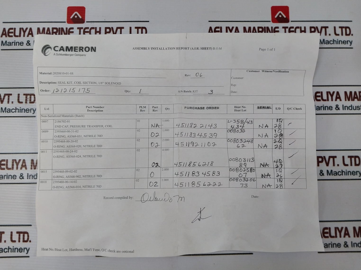 Cameron 2020810-01-99 Pressure Solenoid Valve Coil Repair Kit Rev.09