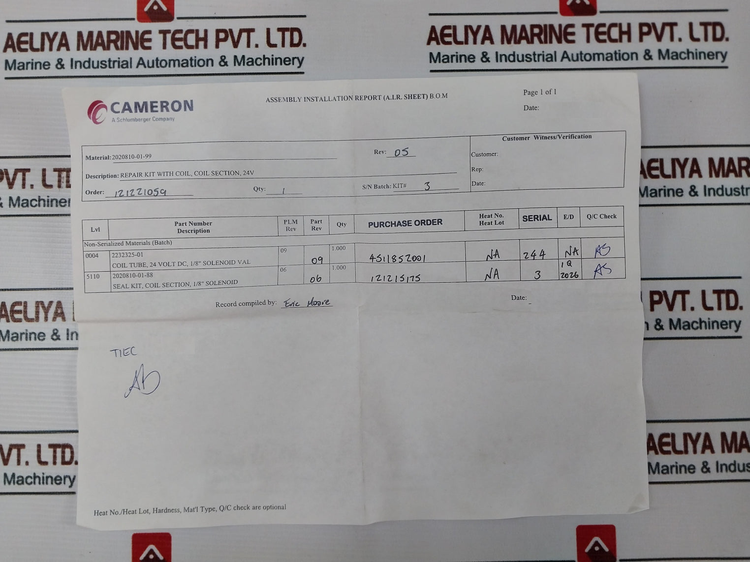 Cameron 2020810-01-99 Pressure Solenoid Valve Coil Repair Kit Rev.09