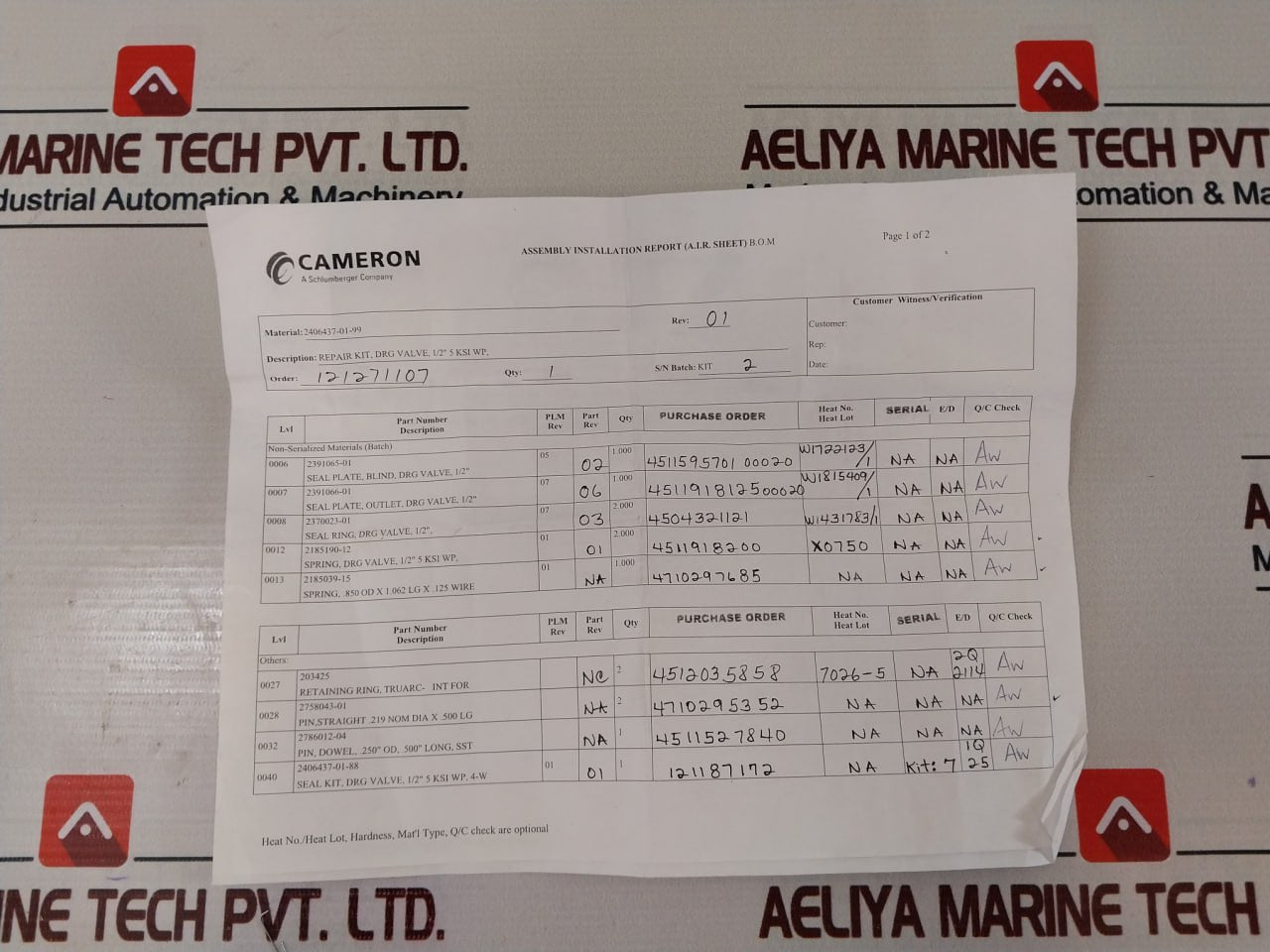Cameron 2406437-01-99 Repair Kit, Drg Valve, 1/2