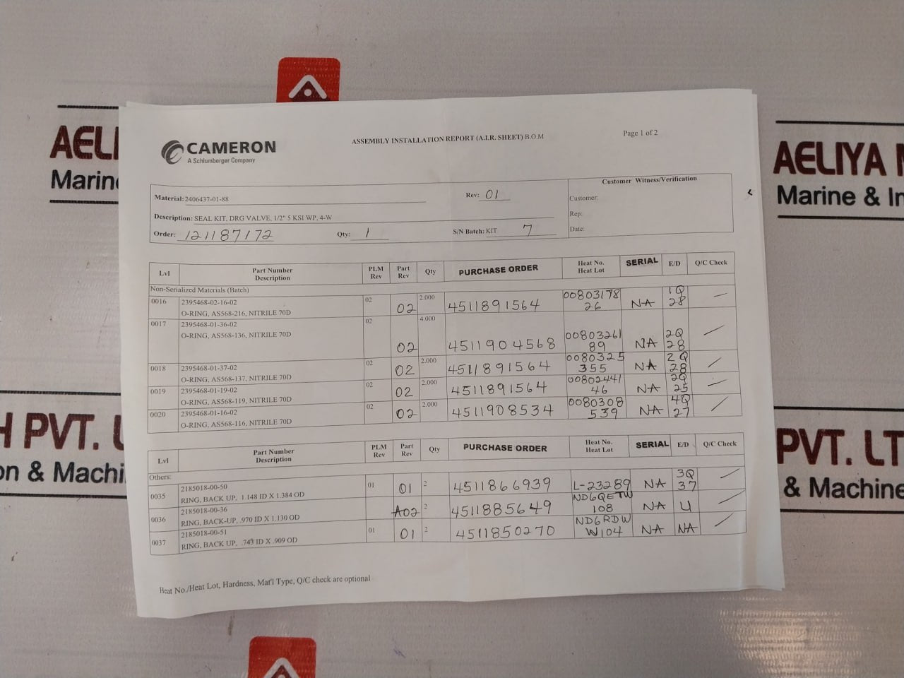 Cameron 2406437-01-99 Repair Kit, Drg Valve, 1/2