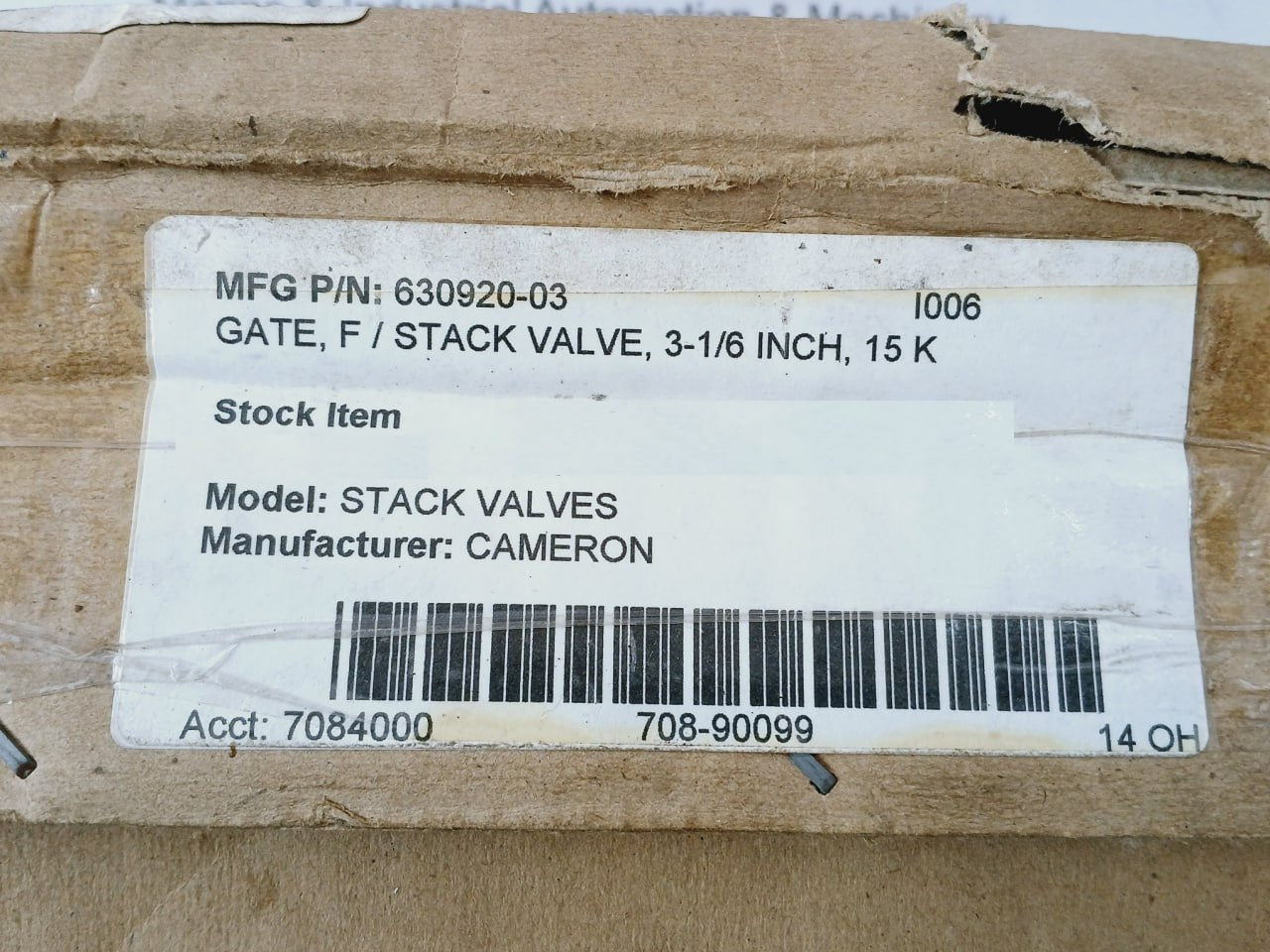 Cameron 630920-03 Gate F/ Stack Valve 63092003/01