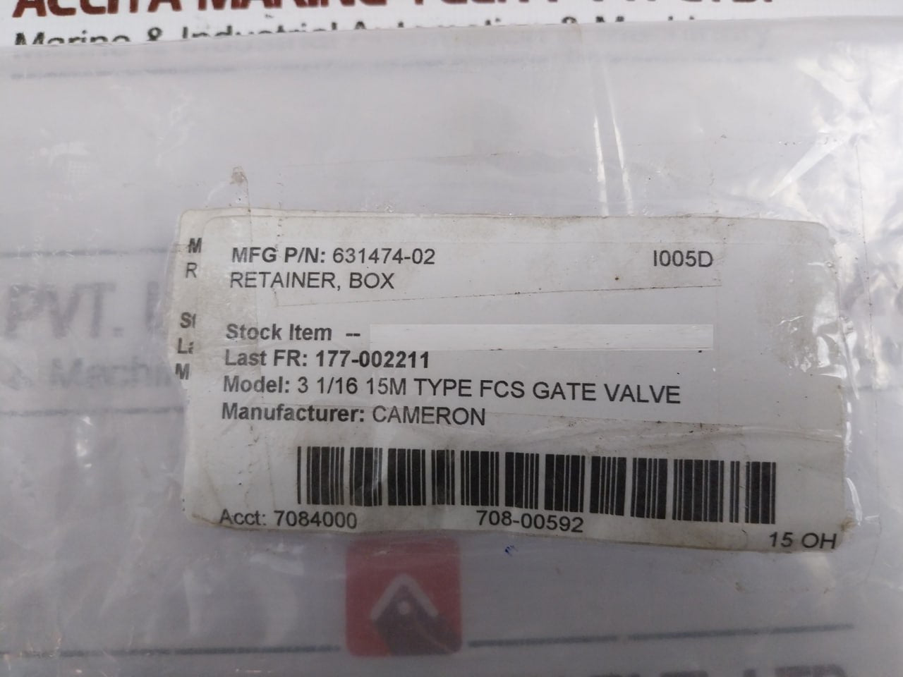 Cameron 631474-02 3 1/16" 15M Fcs Gate Valve Retainer Box Fr 177-001857