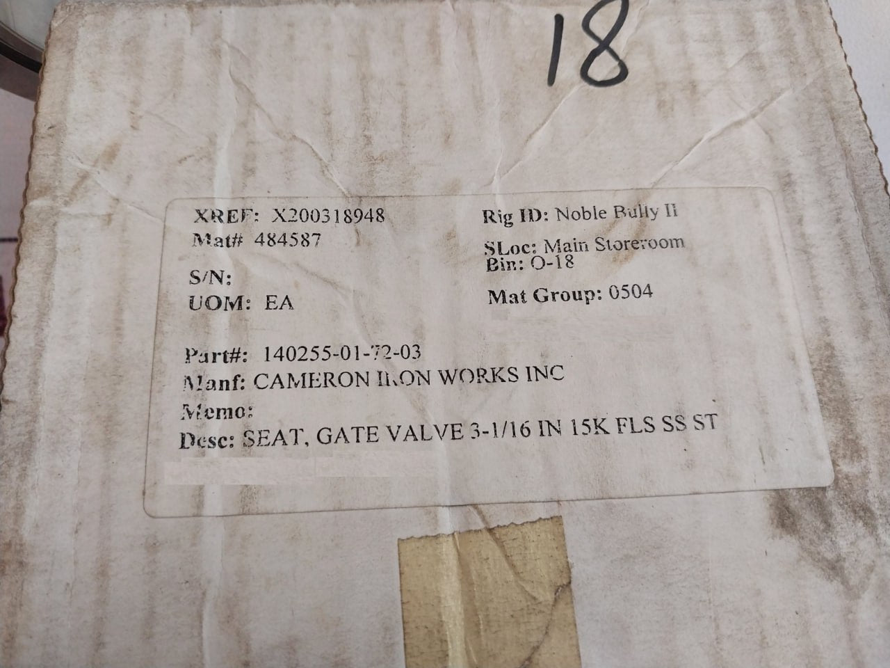 Cameron 140255-01-72-03 Seat Gate Valve Rev: 02 Mat 484587 15K Fls Ss St