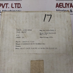 Cameron 140255-01-72-03 Seat Gate Valve Rev: 02 Hrb: 95.0 15K Fls Ss St