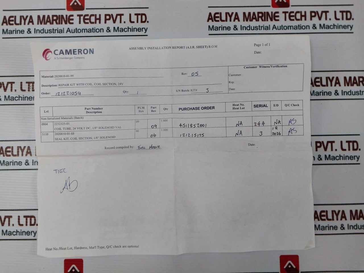 Cameron 2020810-01-99 Pressure Solenoid Valve Coil Repair Kit Rev.09