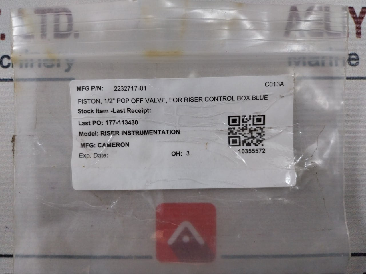 Cameron 2232717-01 Piston 1/2” Pop Off Valve