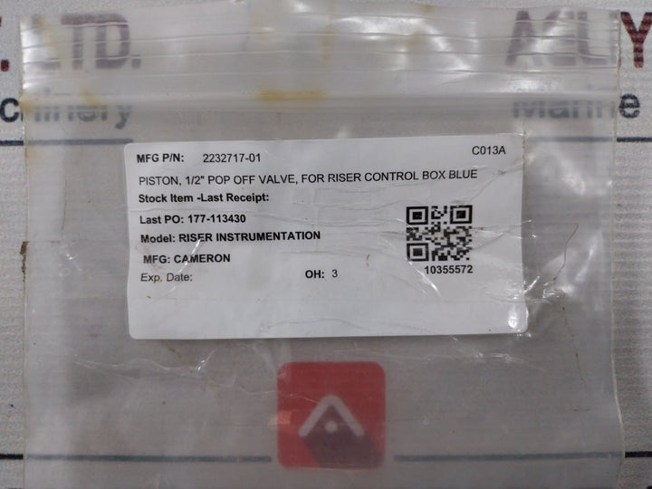 Cameron 2232717-01 Piston 1/2” Pop Off Valve