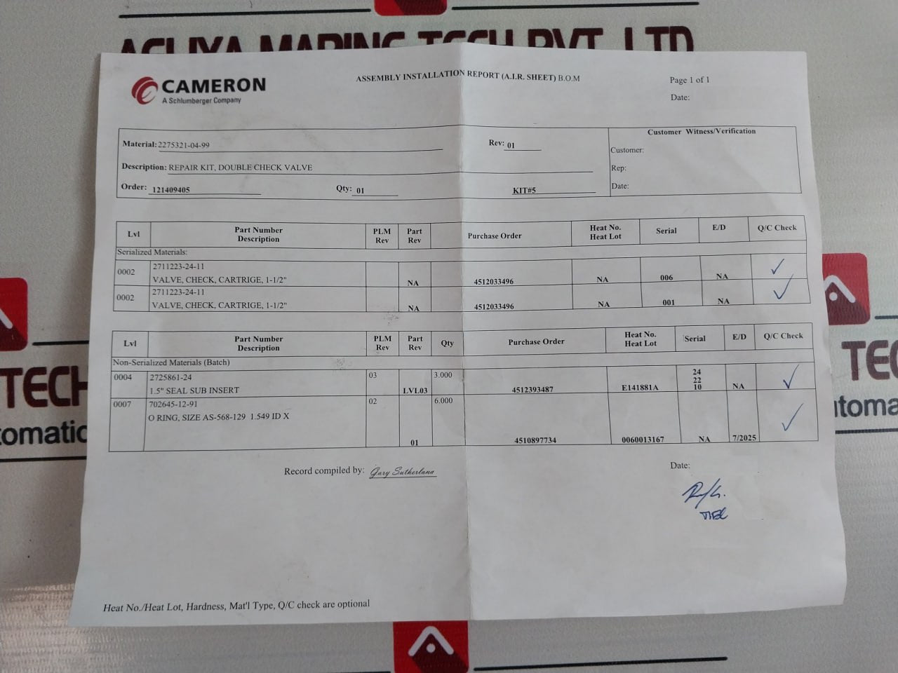Cameron 2275321-04-99 Double Check Valve Repair Kit 2275321-04-99