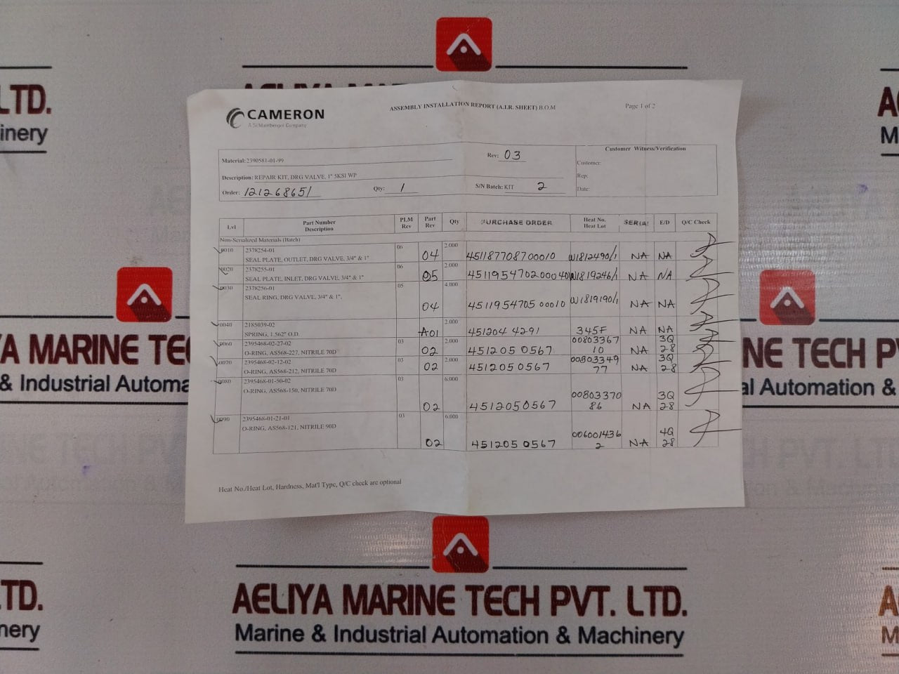 Cameron 2390581-01-99 Seal Ring Repair Kit 2185238-02 Rev 02