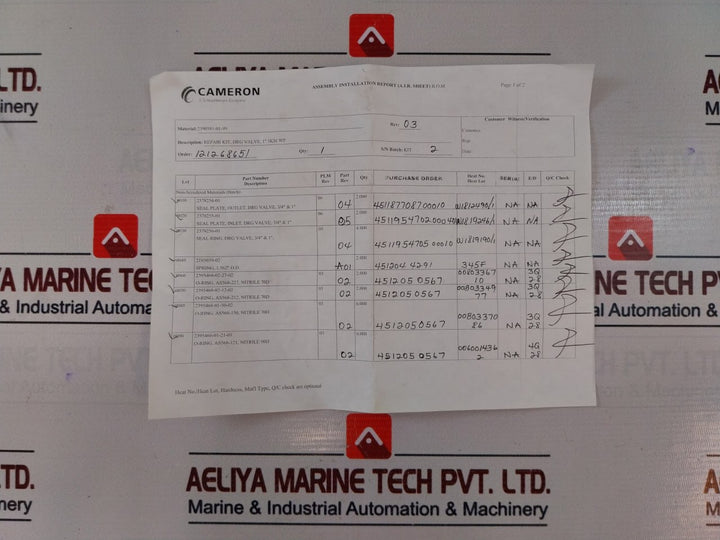 Cameron 2390581-01-99 Seal Ring Repair Kit 2185238-02 Rev 02