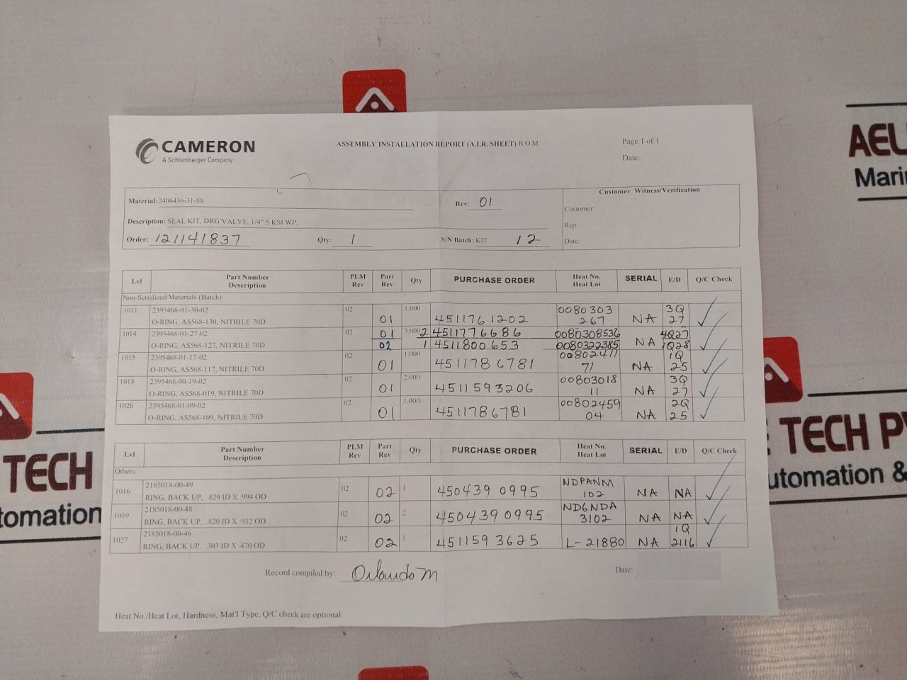 Cameron 2406436-31-88 1/4” Drg Seal Valve Repair Kit 2391050-02