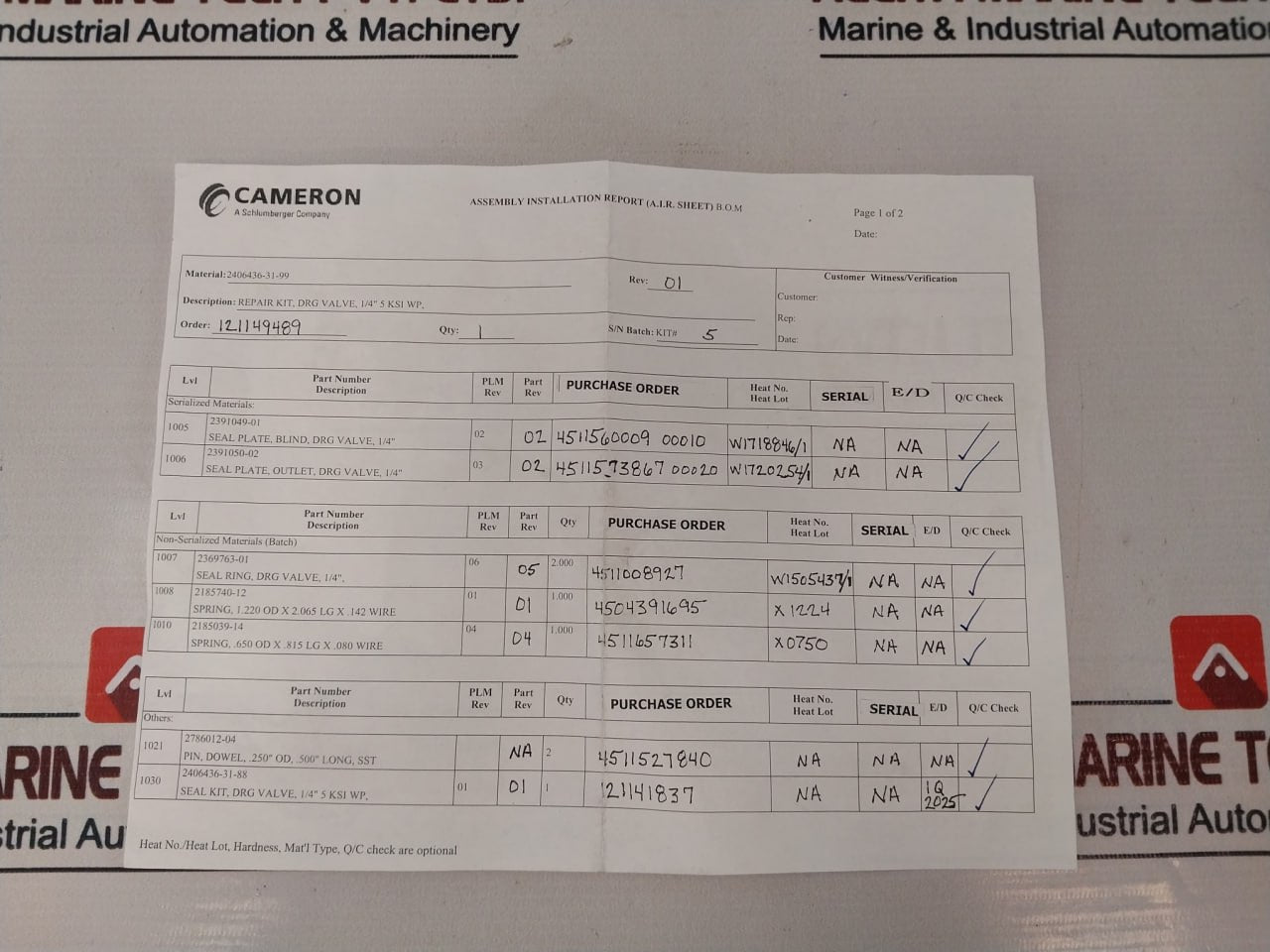Cameron 2406436-31-88 1/4” Drg Seal Valve Repair Kit 2391050-02