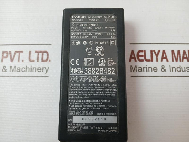 Canon K30120 Power Ac Adapter Ad-360U 100-240V 50Va-65Va E140858