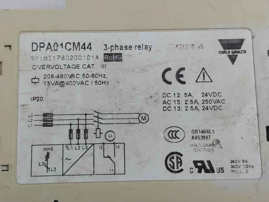 Carlo Gavazzi Dpa01Cm44 3-phase Monitoring Relay 208-480V Ac
