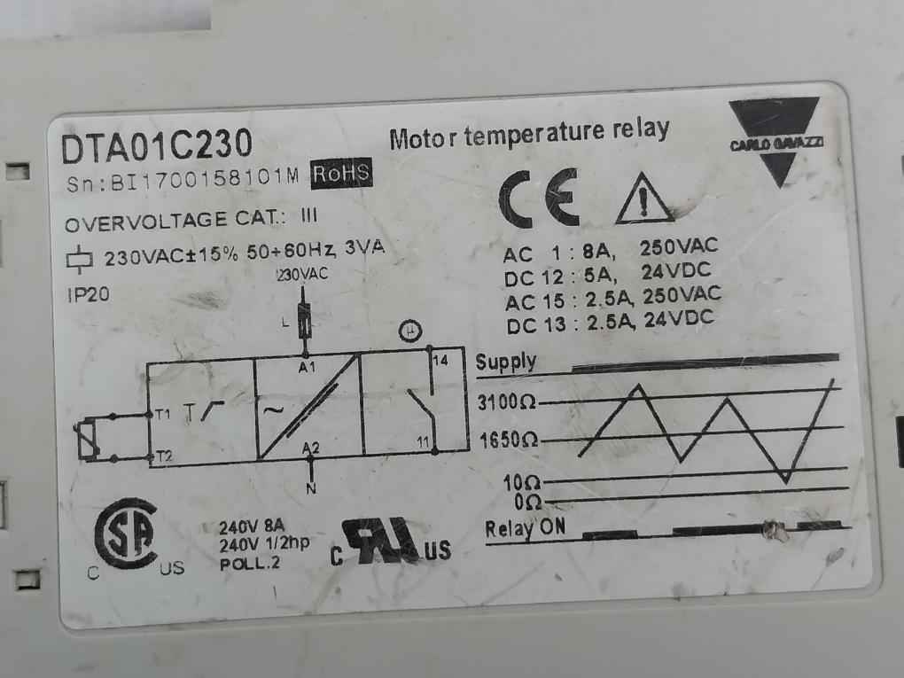 Carlo Gavazzi Dta01C230 Motor Temperature Relay 240V 8A 1/2Hp Dta01