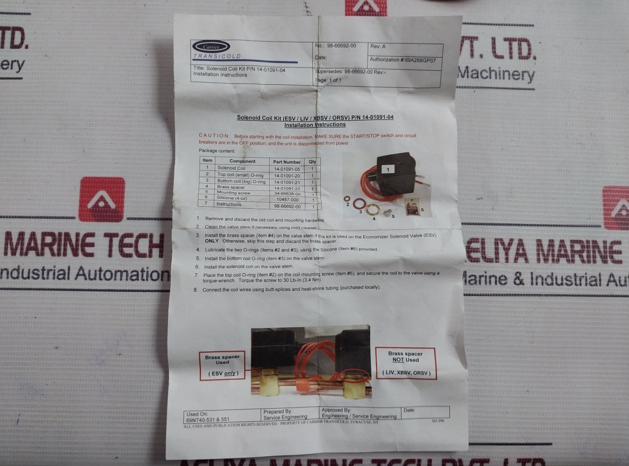 Carrier Transicold 14-01091-04 Solenoid Valve Coil Kit 14-01091-22 Rev A
