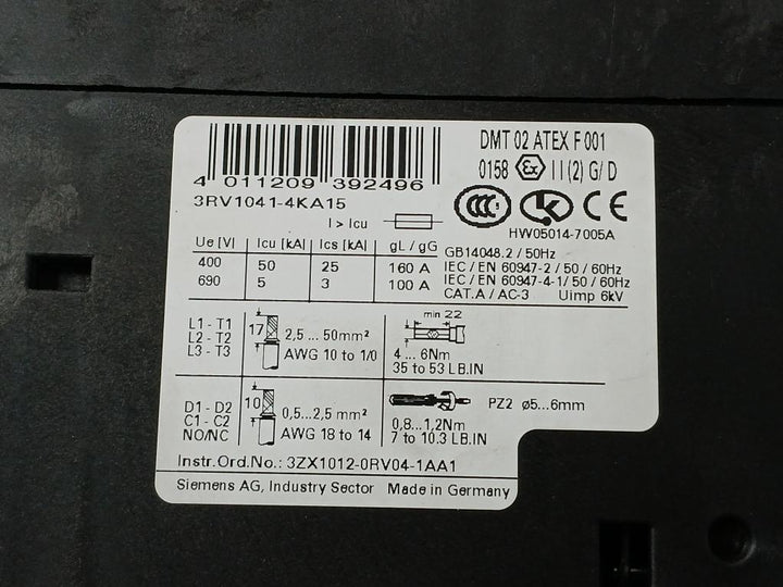 Circuit Breaker 3Rv1041-4Ka15 Siemens 50/60Hz 600V