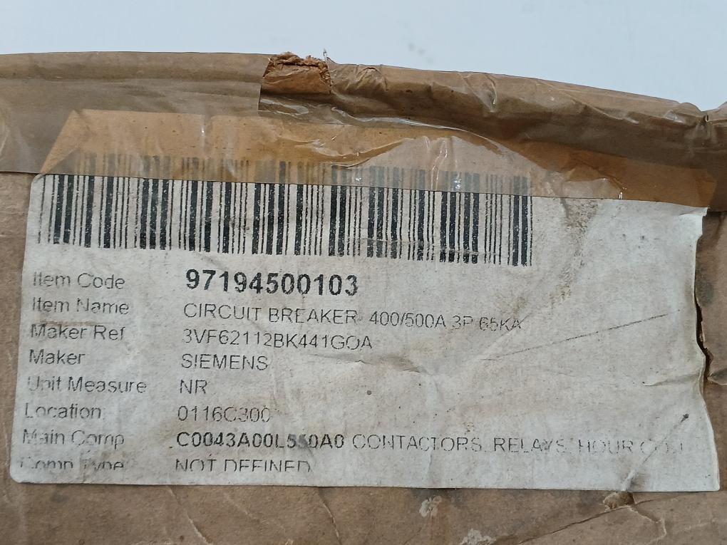 Circuit Breaker 400/500A 3P 65Ka Siemens 3Vf6211-2Bk44-1Ga0