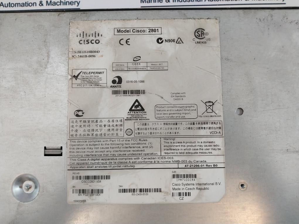 Cisco 2800 Series 2801 Integrated Services Router 5A 100-240V~ 50/60Hz